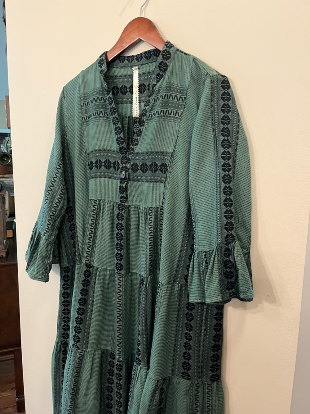 Uncle Frank embroidered tiered midi dress 3/4 sleeves cotton green M - Picture 3 of 6